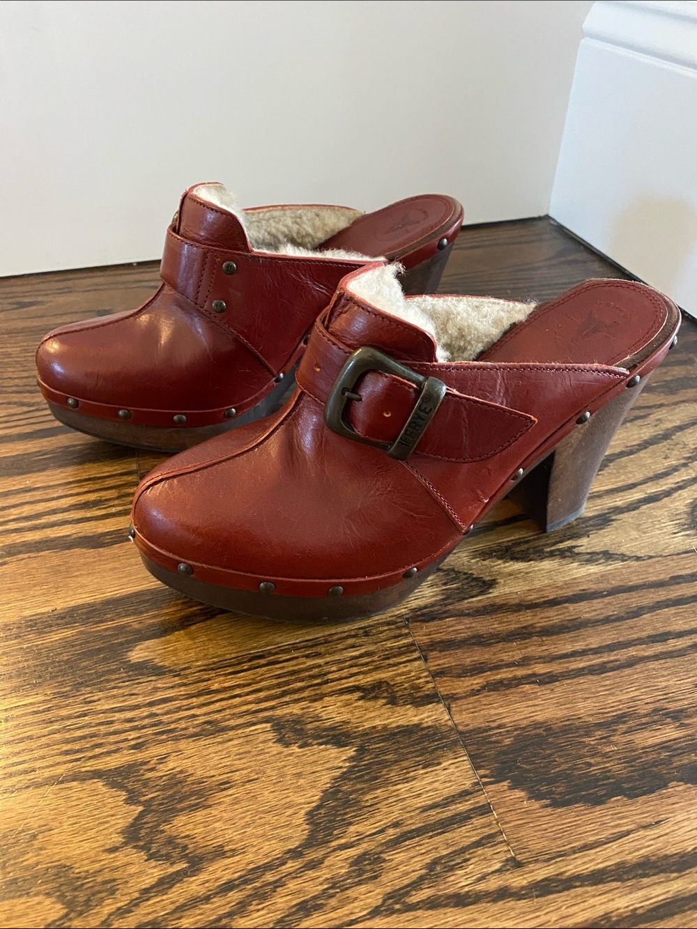 Frye Red Leather Fur-Lined Buckle Clog Mules